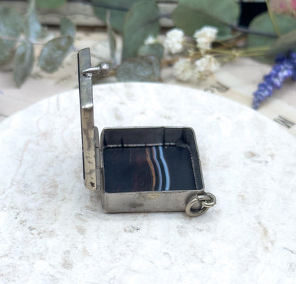 Victorian Banded Agate Box Pendant: Antique Snuff Trinket Box, 1800s