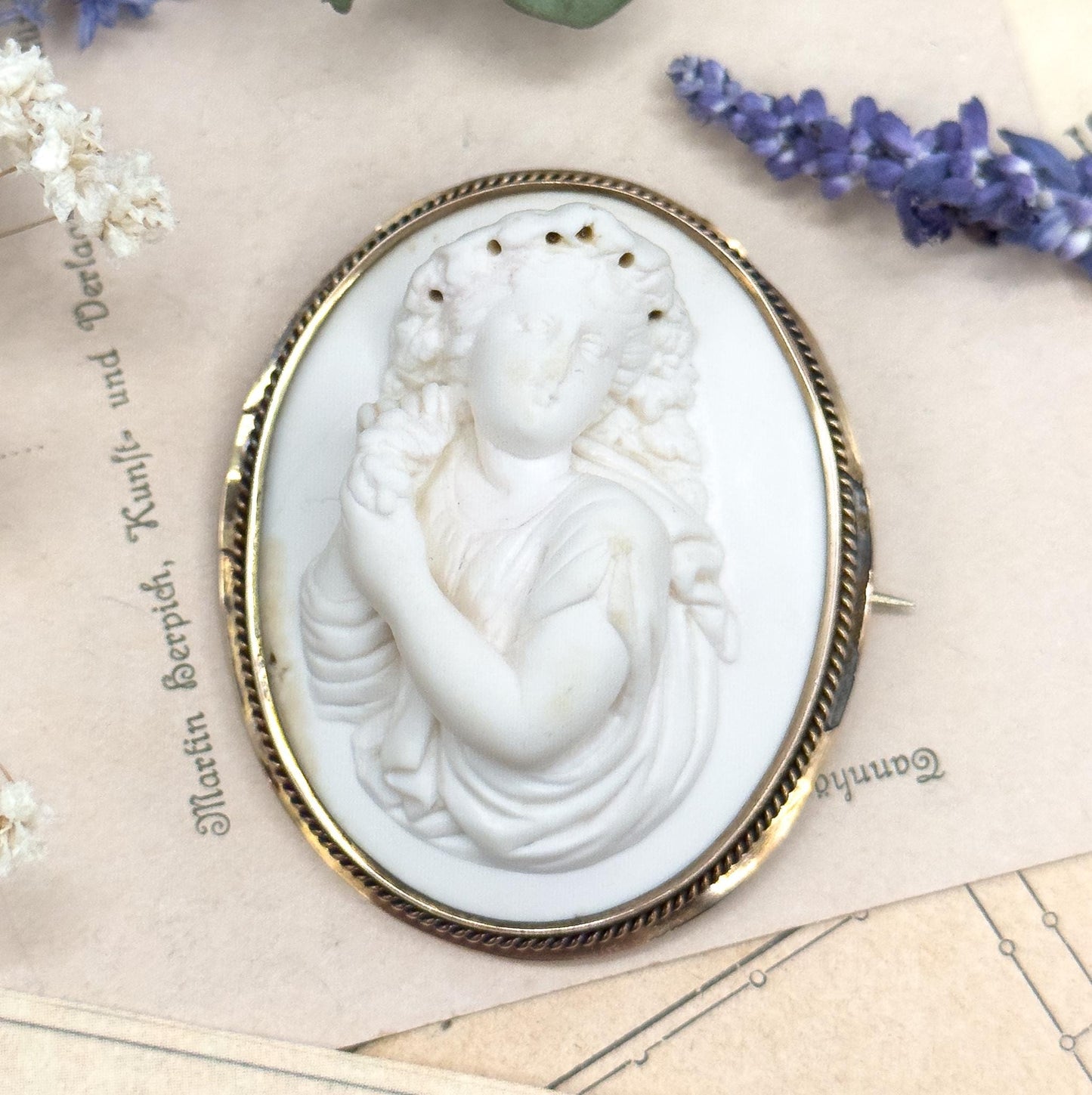 Victorian Lava Cameo Brooch: High Relief Bacchante Figure, 10K Gold