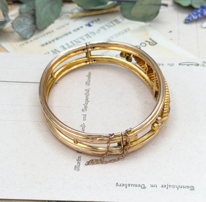 Antique 9ct Gold Garnet Bangle Bracelet: Victorian Rose Cut Diamond Jewelry