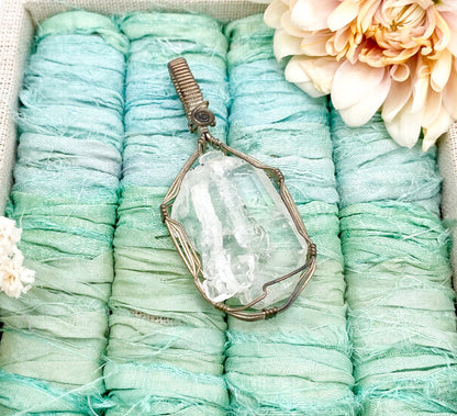 Vintage wire wrapped raw quartz crystal pendant handmade