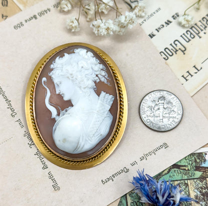 Exceptional Antique Carved Cameo of Artemis in High Relief Diana the Hunter in 14K Gold