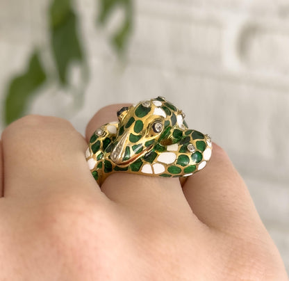 Exquisite Vintage Snake ring with Diamond Gem Set Eyes and Enamel 18K Yellow Gold