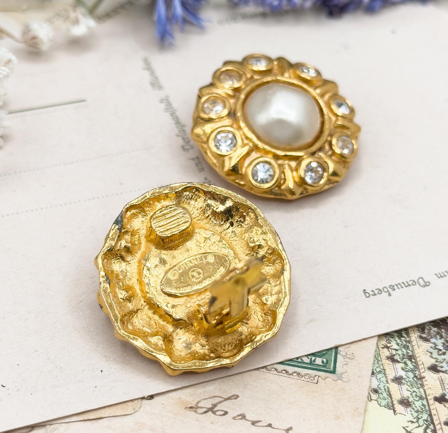 Vintage Chanel Clip On Earrings Faux Mabe pearl Rhinestone 1980s