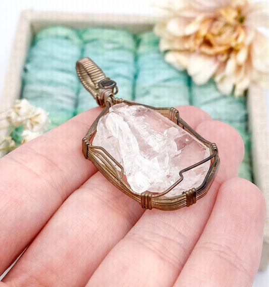 Vintage wire wrapped raw quartz crystal pendant handmade
