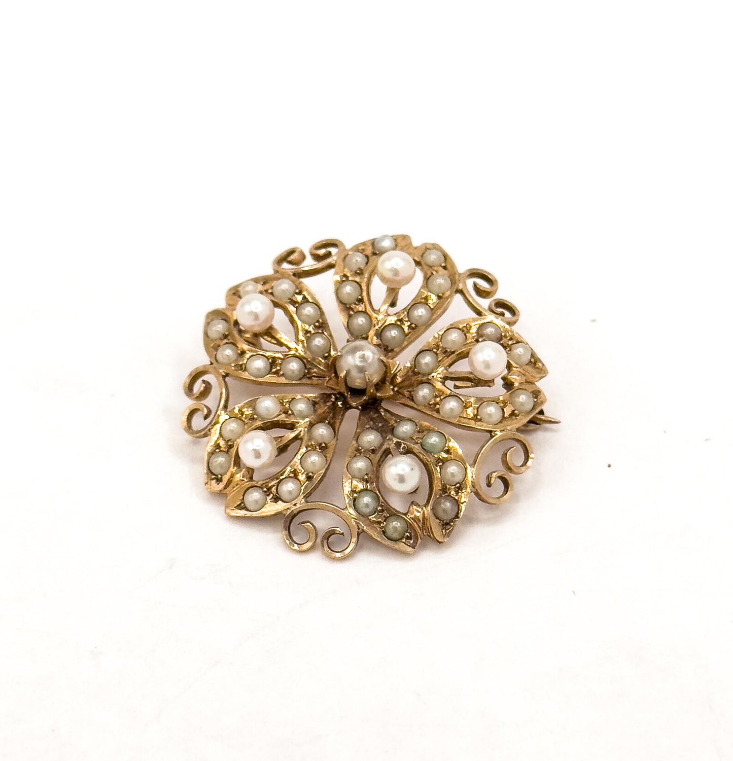 Edwardian 10K Yellow Gold Snowflake Brooch: Antique Seed Pearl Pin