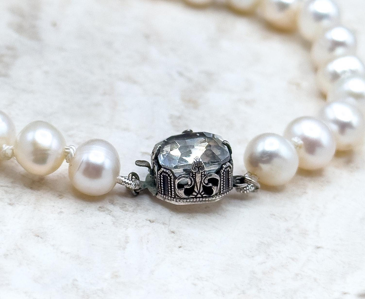 Beautiful Cultured Pearl Bracelet with Antique Paste clasp in sterling hand knotted pearls