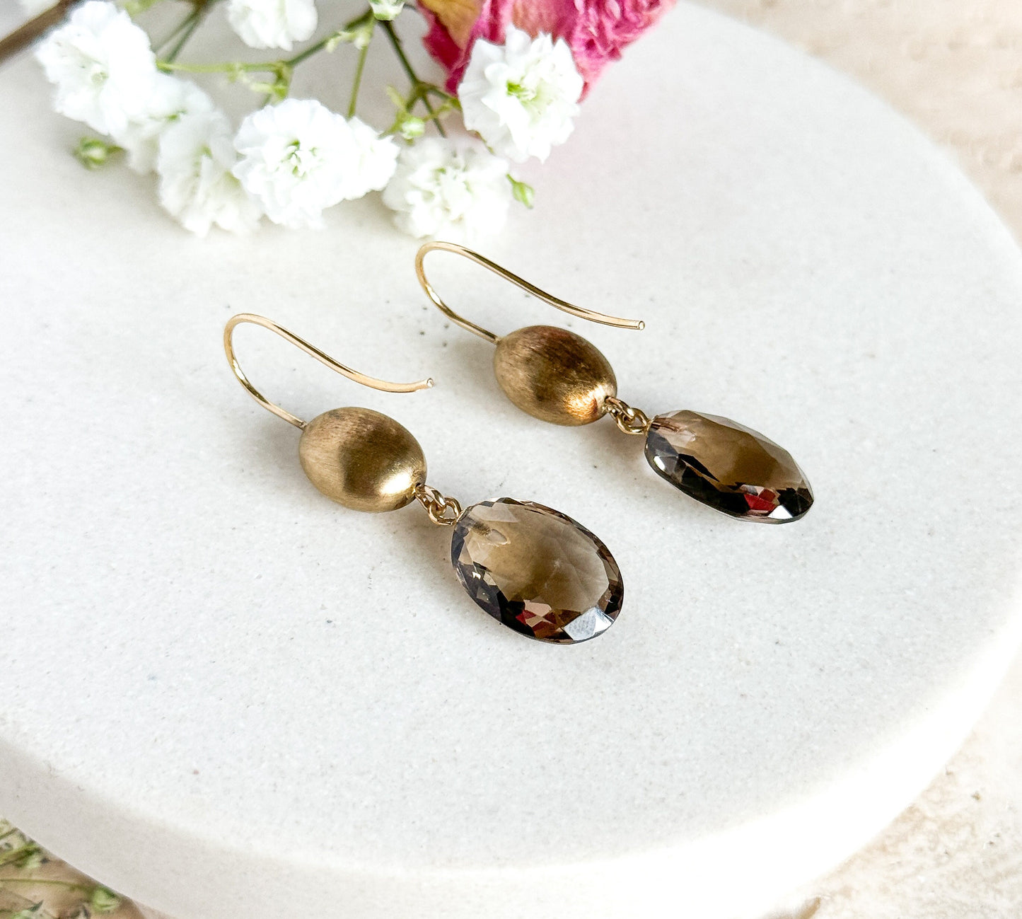 Vintage Smoky Quartz Drop Earrings in 14K Yellow Gold