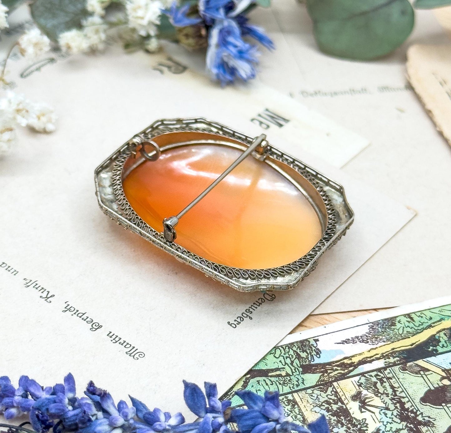 Edwardian Carved Cameo Flora in White Gold w Enamel Details