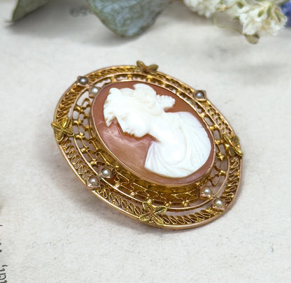 Antique Diana Cameo Brooch: 10K Gold Filigree, Seed Pearls