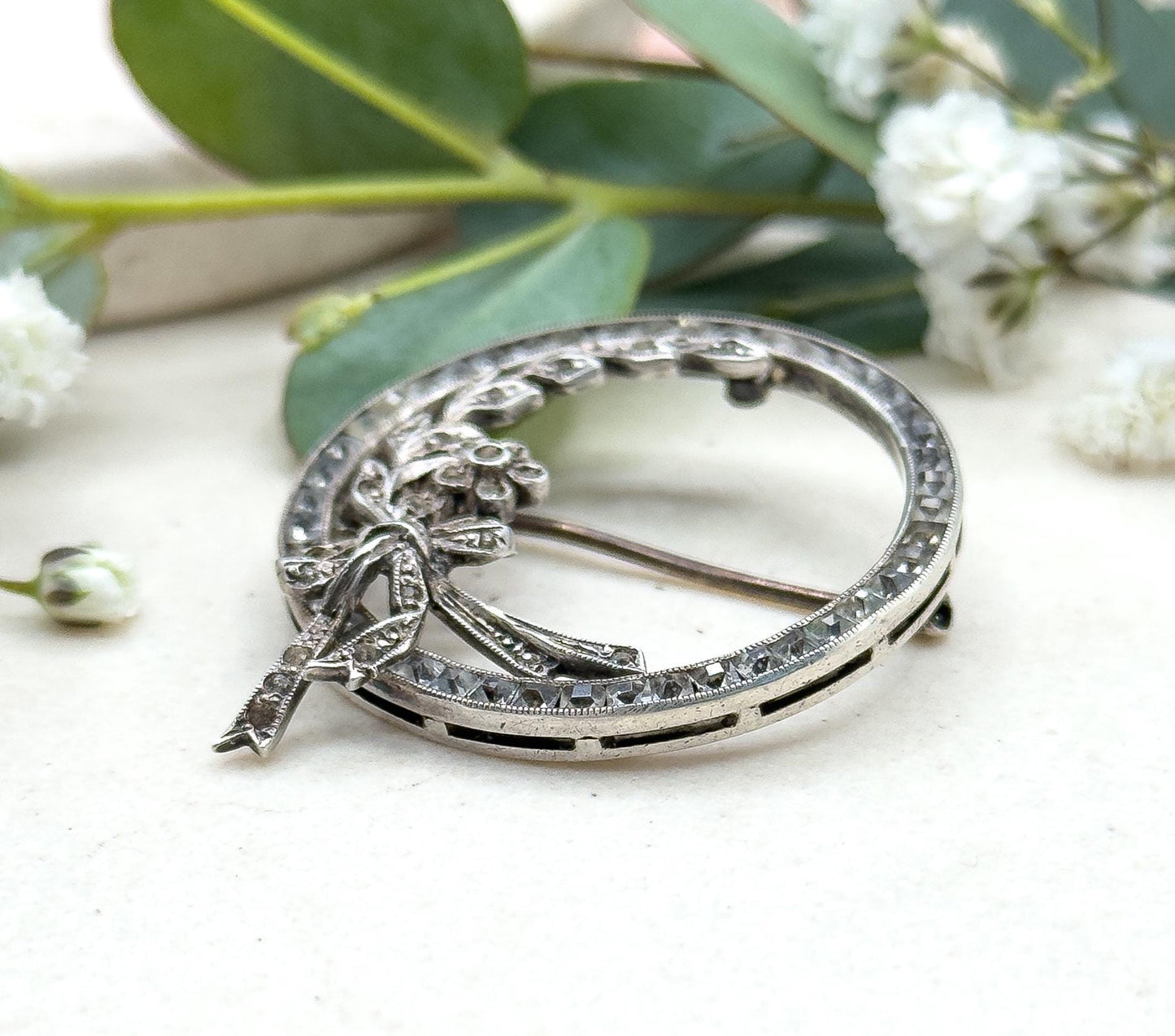 Antique Art Deco Floral Circle Brooch with Bow in Sterling Silver Antique Paste Wreath Brooch