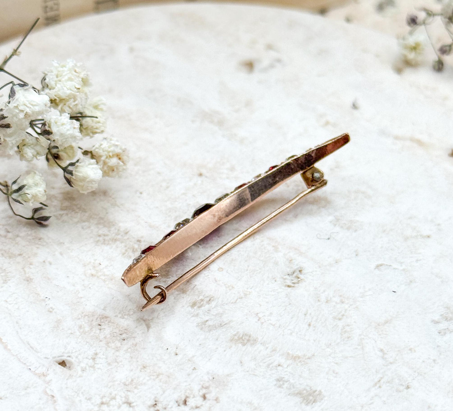 Victorian Crescent Moon Brooch with Red and White Gems in 10K Yellow Gold