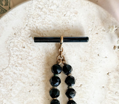Victorian Ladies French Jet Watch Chain Fob Black Glass w T Bar
