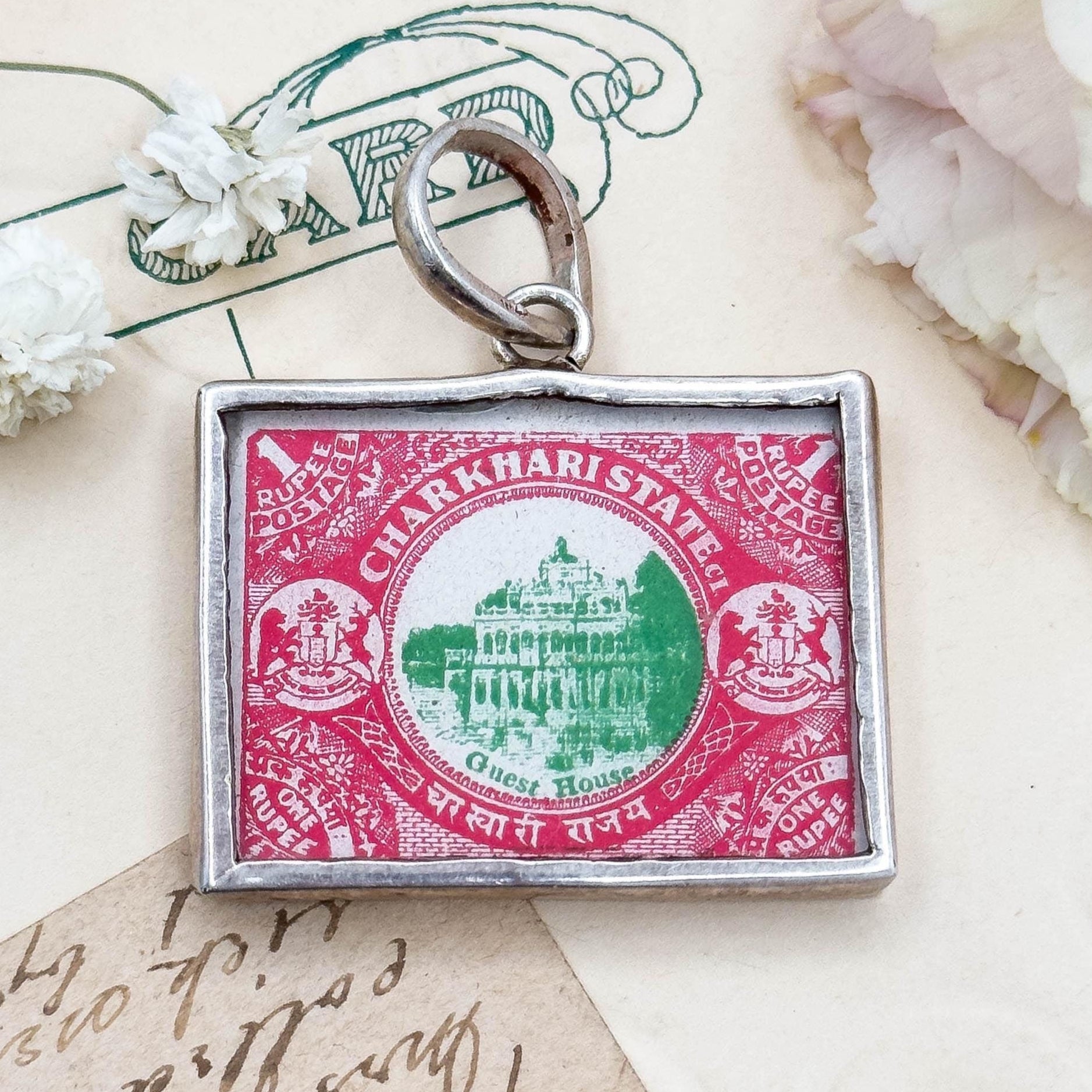 vintage framed red postage stamp from India 1930s