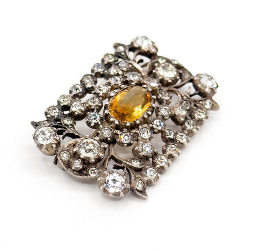 Victorian Citrine Brooch: Silver & Paste Gems, Georgian Revival Style