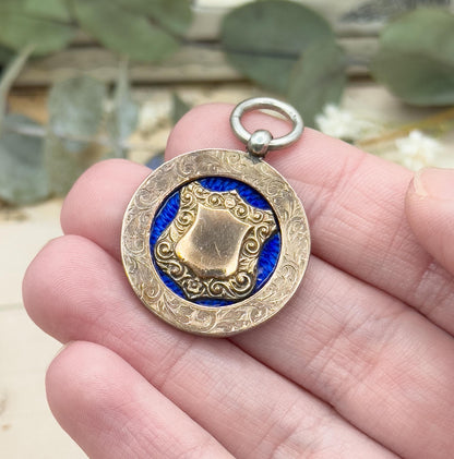 Antique Blue Guilloche Enamel Shield Fob: Sterling Silver & Gold, Hallmarked 1907