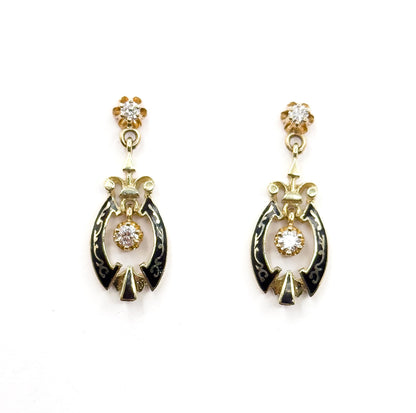 Vintage Diamond Dangle Stud Earrings in Black Enamel 14K Yellow Gold