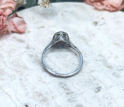 Antique Art Deco Filigree engagement ring in 14K / 10K White Gold Old European Cut
