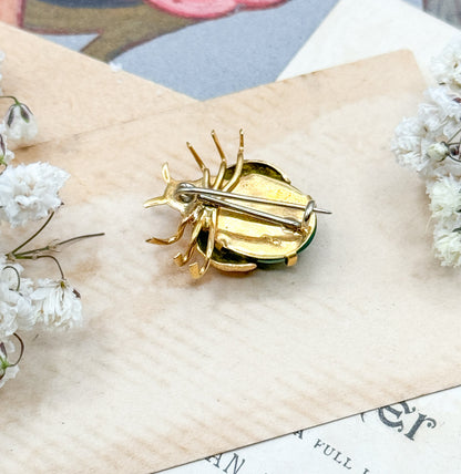 Vintage Jelly Belly Insect Brooch in 18K Gold with Green Glass cabochon belly Mid Century