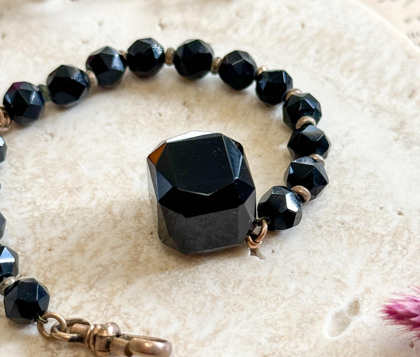 Victorian Ladies French Jet Watch Chain Fob Black Glass w T Bar