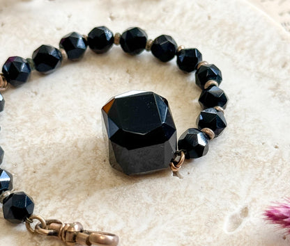 Victorian Ladies French Jet Watch Chain Fob Black Glass w T Bar