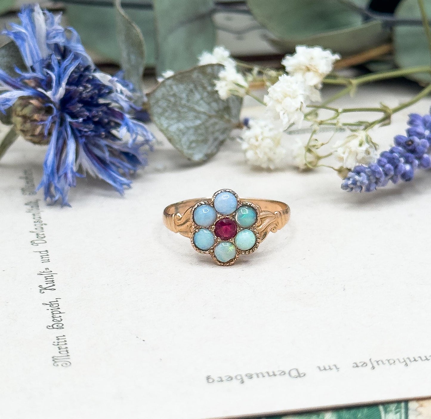 Antique Victorian Opal Flower Ring in 10K Rosę Gold w Ruby Paste Centerstone