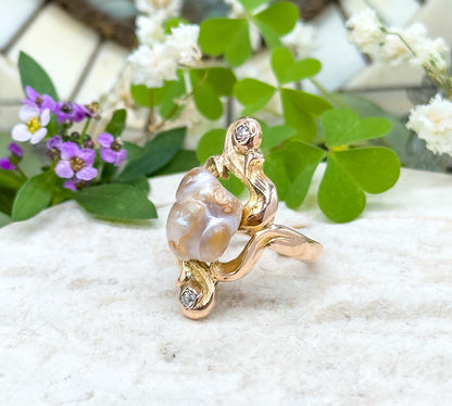 Antique Art Nouveau Baroque Pearl Ring with Old European Cut Diamonds