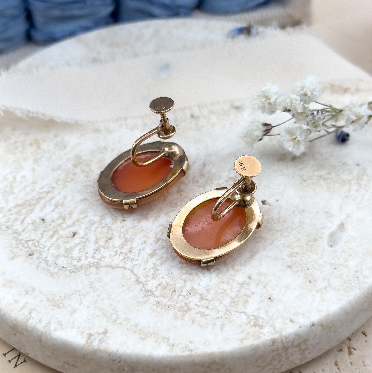 Boxed Antique Shell Cameo Earrings 10K Gold w Screw Backs