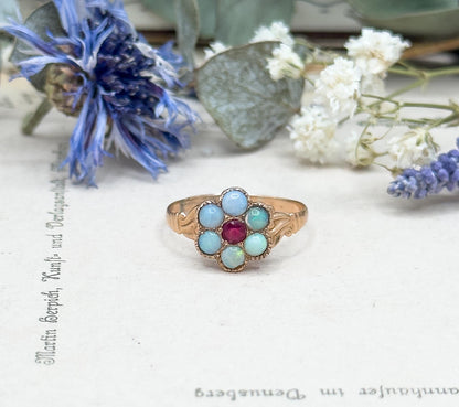 Antique Victorian Opal Flower Ring in 10K Rosę Gold w Ruby Paste Centerstone