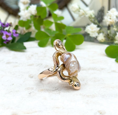 Antique Art Nouveau Baroque Pearl Ring with Old European Cut Diamonds