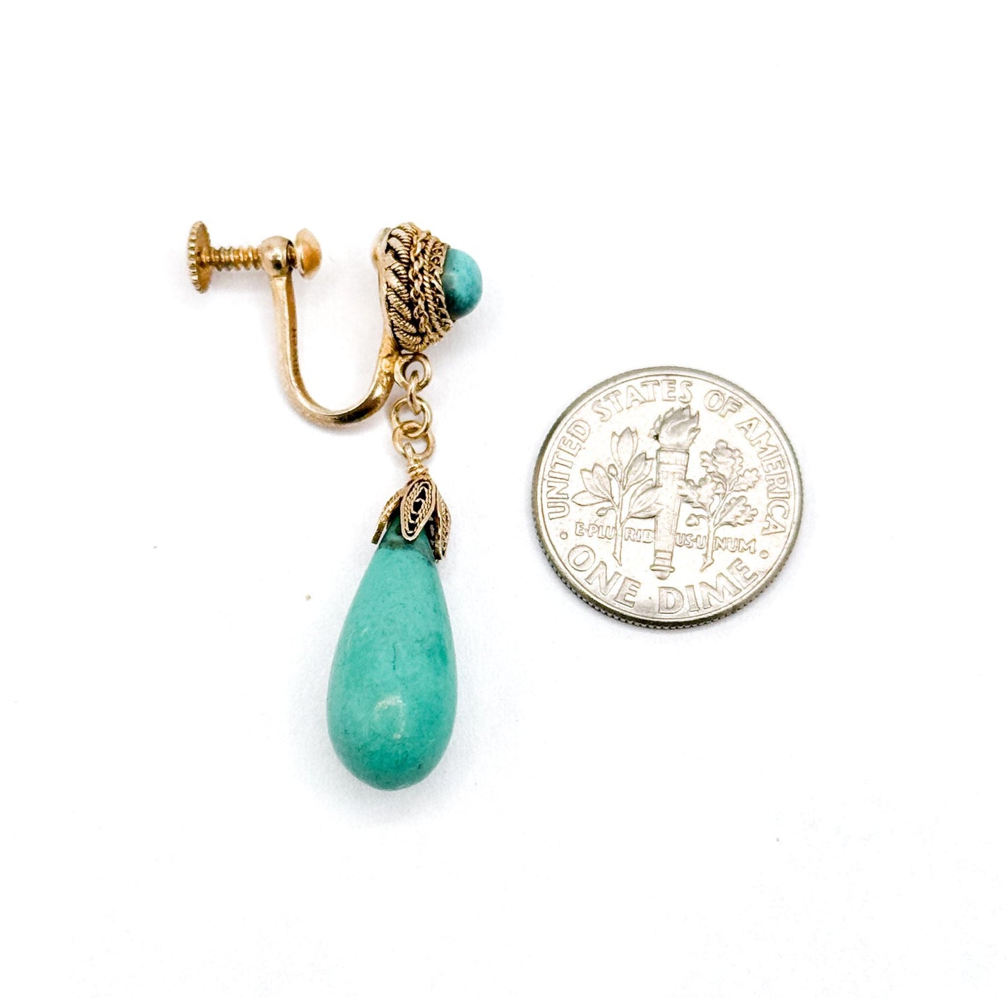 Antique Vermeil Silver Turquoise Stone Drop Earrings - Cannetille Filigree