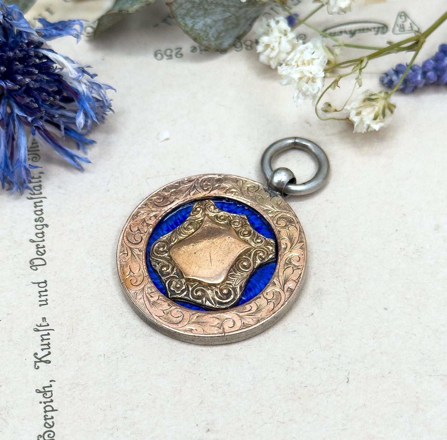 Antique Blue Guilloche Enamel Shield Fob: Sterling Silver & Gold, Hallmarked 1907