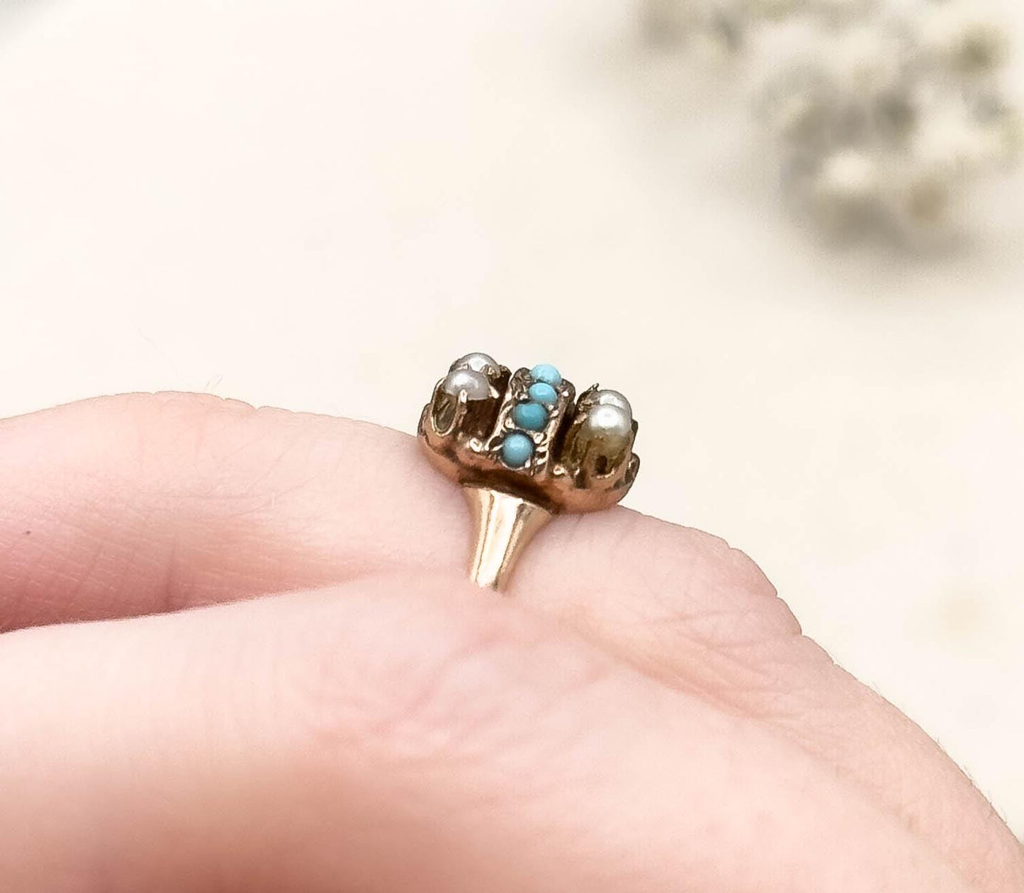 Antique Victorian Turquoise & Seed Pearl Ring in 9K Gold Split Seed Pearl 1800s