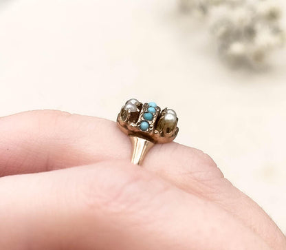 Antique Victorian Turquoise & Seed Pearl Ring in 9K Gold Split Seed Pearl 1800s