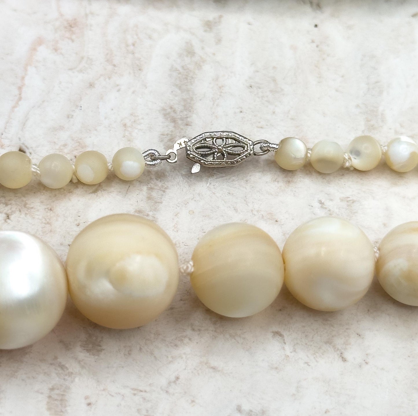 Antique Mother of Pearl Graduated Beaded necklace with 14K White Gold Clasp