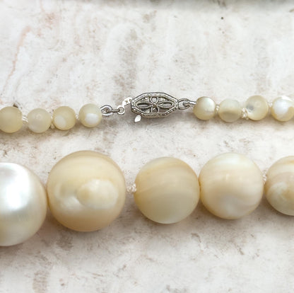 Antique Mother of Pearl Graduated Beaded necklace with 14K White Gold Clasp
