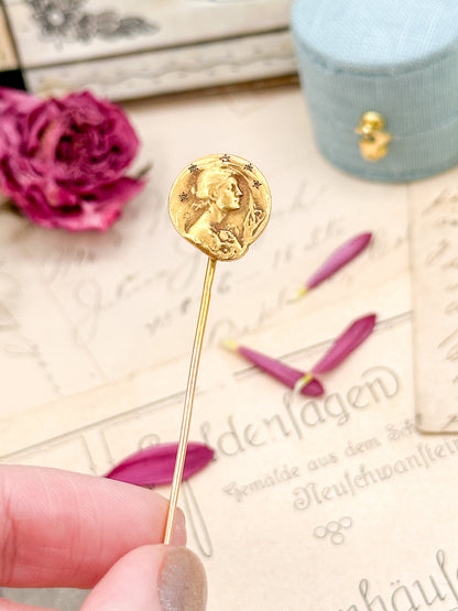 RARE Art Nouveau Stick Pin by Frédéric de Vernon, Antique Medallion pin, La Nuit French Pin