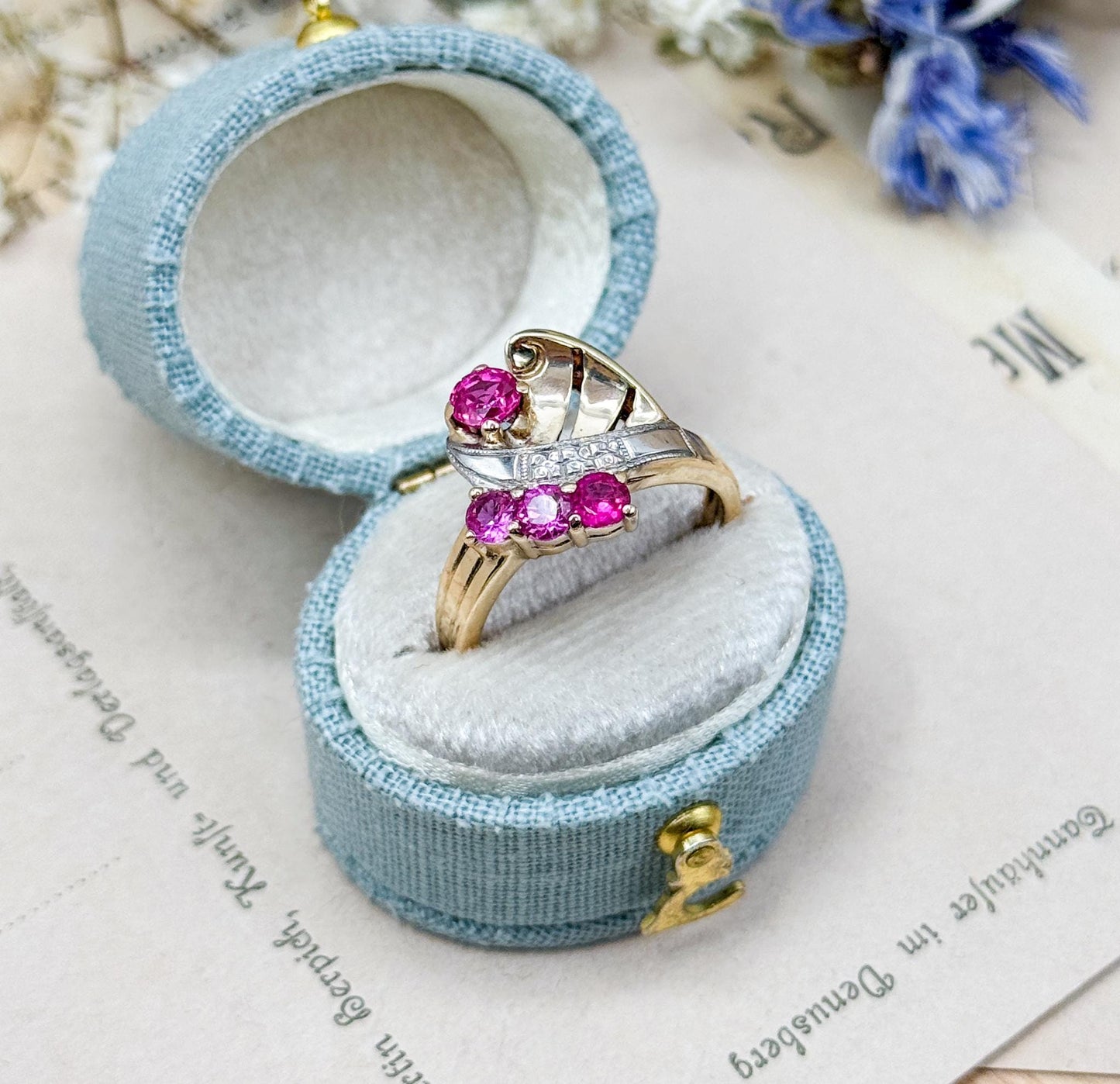 Retro Ruby Ring in 10K Yellow Gold and White Gold Two Tone Vintage 1940s Retro Era Jewelry Volute Ring synthetic Ruby Ring Pink Gemstone fun