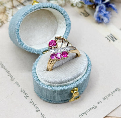 Retro Ruby Ring in 10K Yellow Gold and White Gold Two Tone Vintage 1940s Retro Era Jewelry Volute Ring synthetic Ruby Ring Pink Gemstone fun