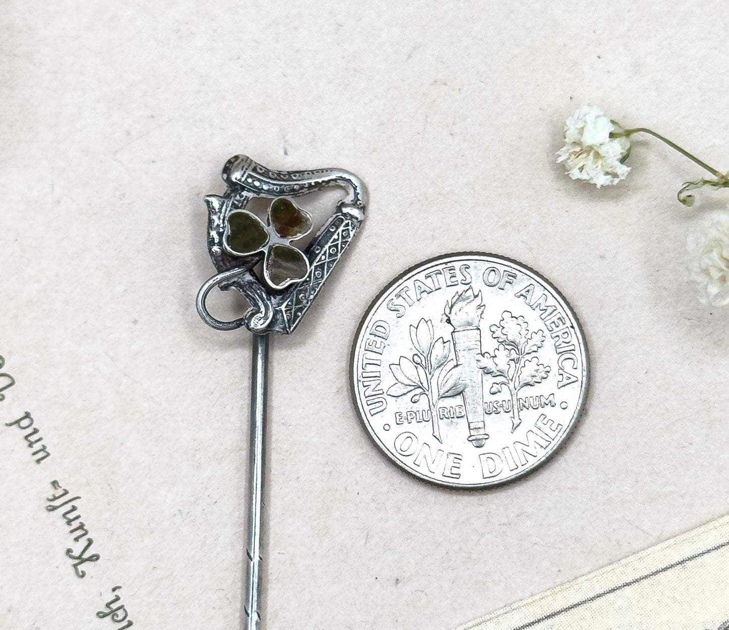 Antique Connemara Shamrock Stick Pin harp Stickpin