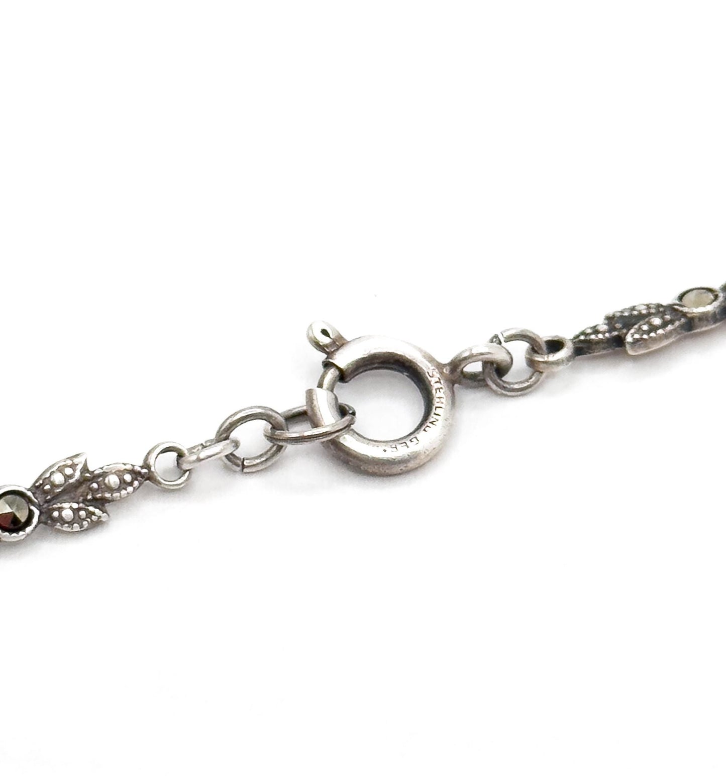 Antique Art Deco Carnelian & Marcasite Sterling Silver Floral Necklace