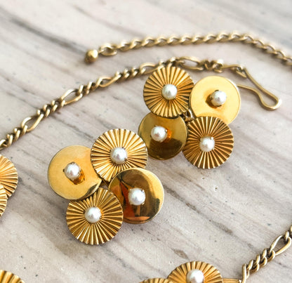 Vintage Midcentury necklace and earring set Engine turned disk necklace with Pearls