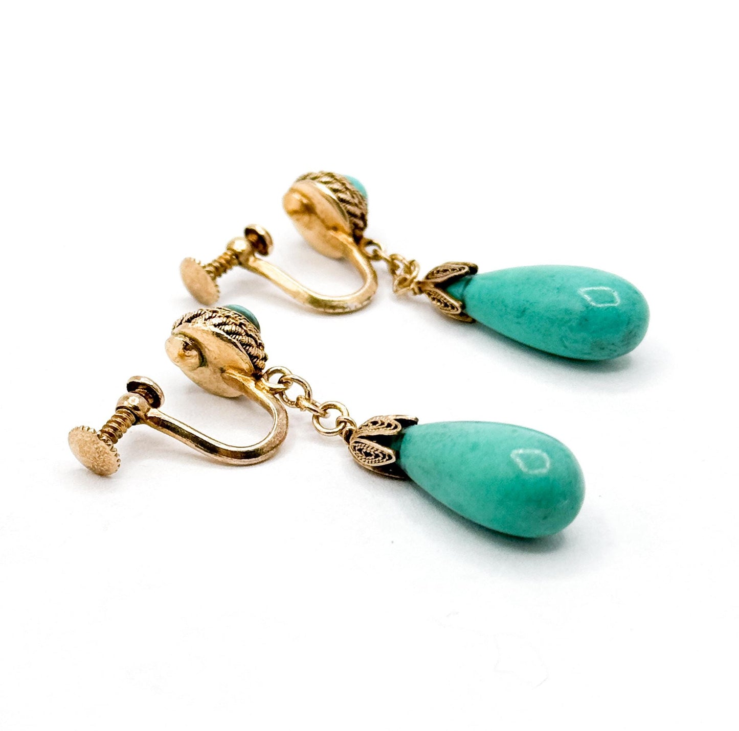 Antique Vermeil Silver Turquoise Stone Drop Earrings - Cannetille Filigree