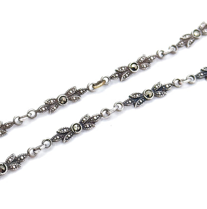 Antique Art Deco Carnelian & Marcasite Sterling Silver Floral Necklace