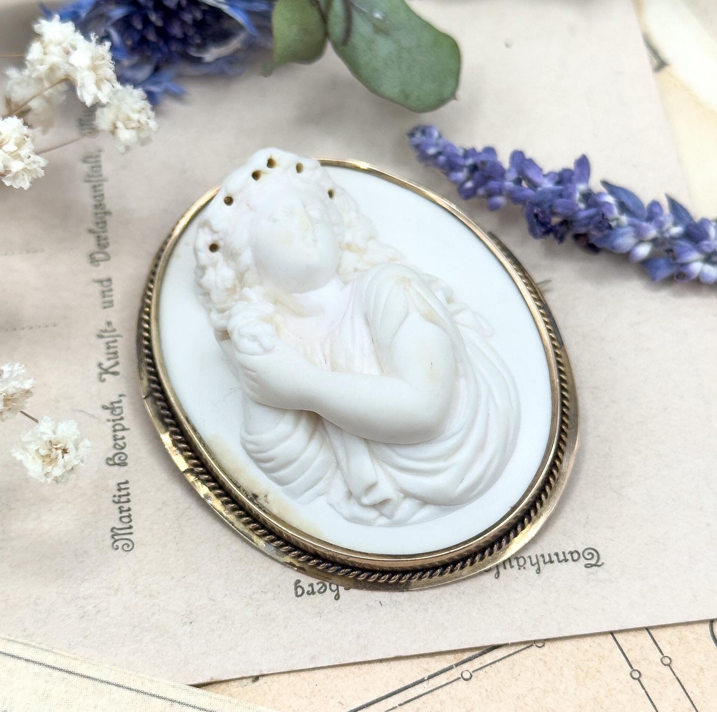 Victorian Lava Cameo Brooch: High Relief Bacchante Figure, 10K Gold