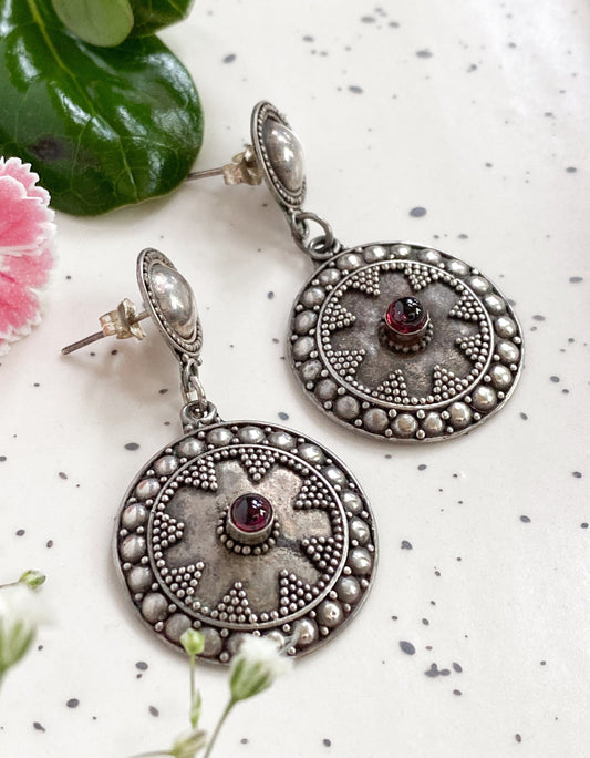 Vintage Garnet Disk Stud dangle earrings in Sterling Silver