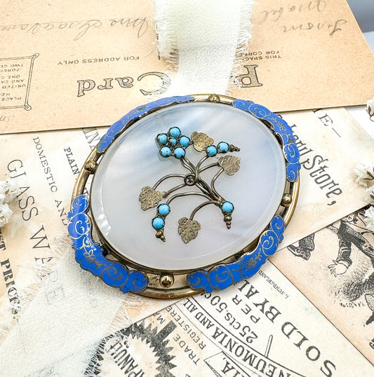 Antique Victorian Forget Me Not Turquoise & Chalcedony Brooch Victorian enamel brooch
