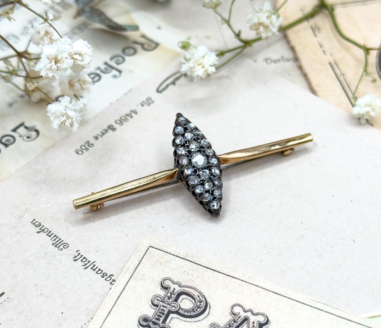Victorian Rose Cut Diamond Navette Pin Conversion Cobblestone  Bar Pin