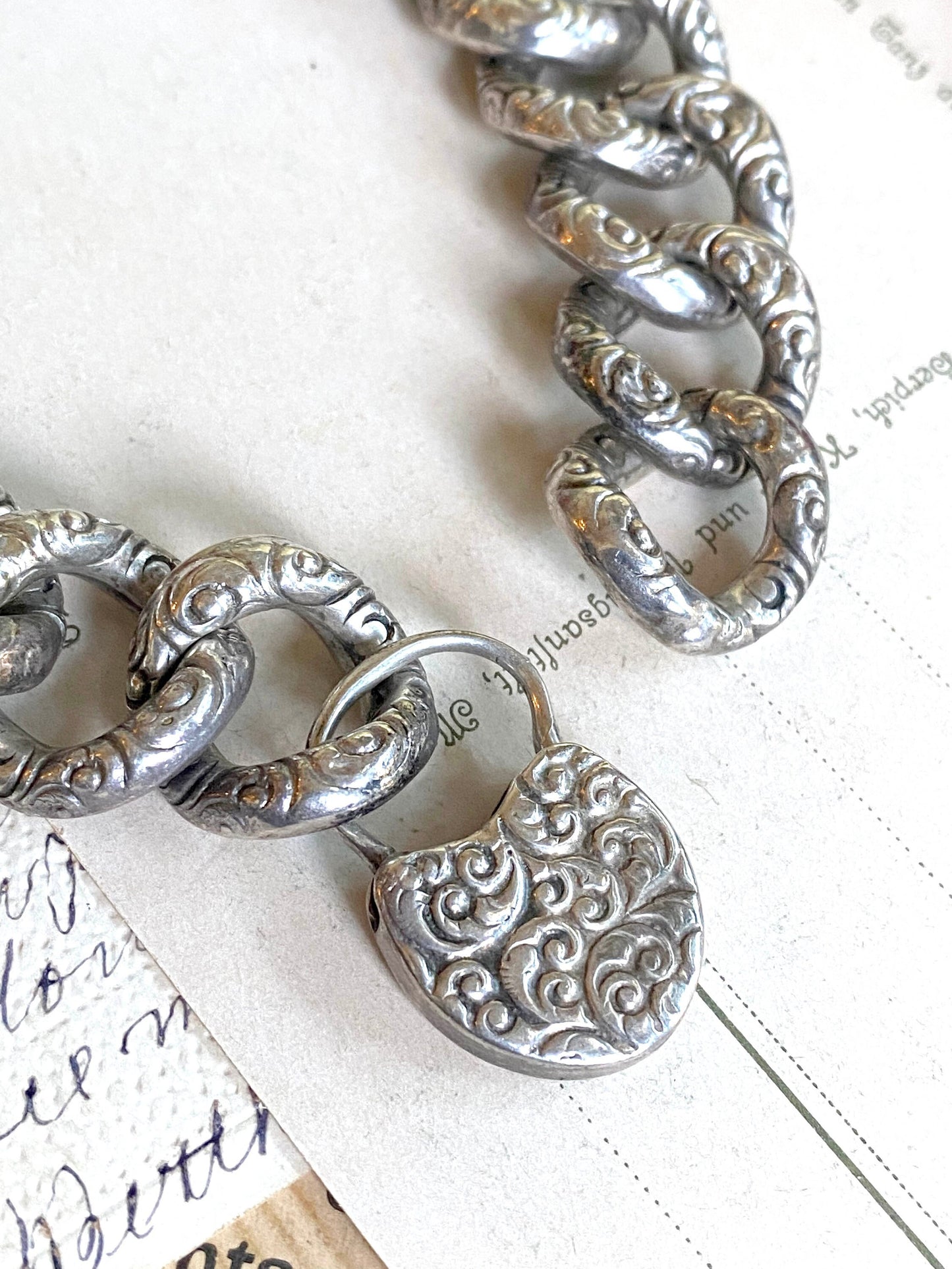 Victorian Repousse Puffy Link Chain Bracelet in Silver w Padlock heart