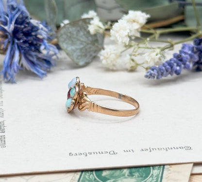 Antique Victorian Opal Flower Ring in 10K Rosę Gold w Ruby Paste Centerstone