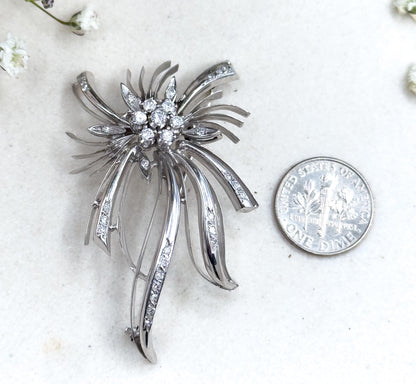Vintage Diamond Brooch in 18K White Gold Mid Century Brooch Starburst